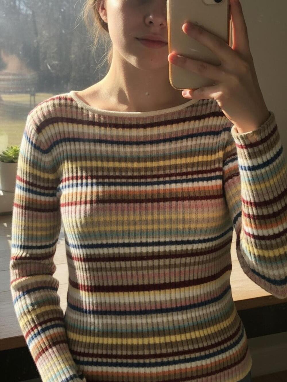 Austin Clothing Co Striped Ribbed Sweater Large Y2K Preppy Cotton Knit Top